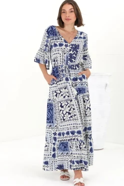 Rae Maxi Dress - Buttoned Bodice Pull Waist A Line Dress in Loa Print Blue><noscript><img width=