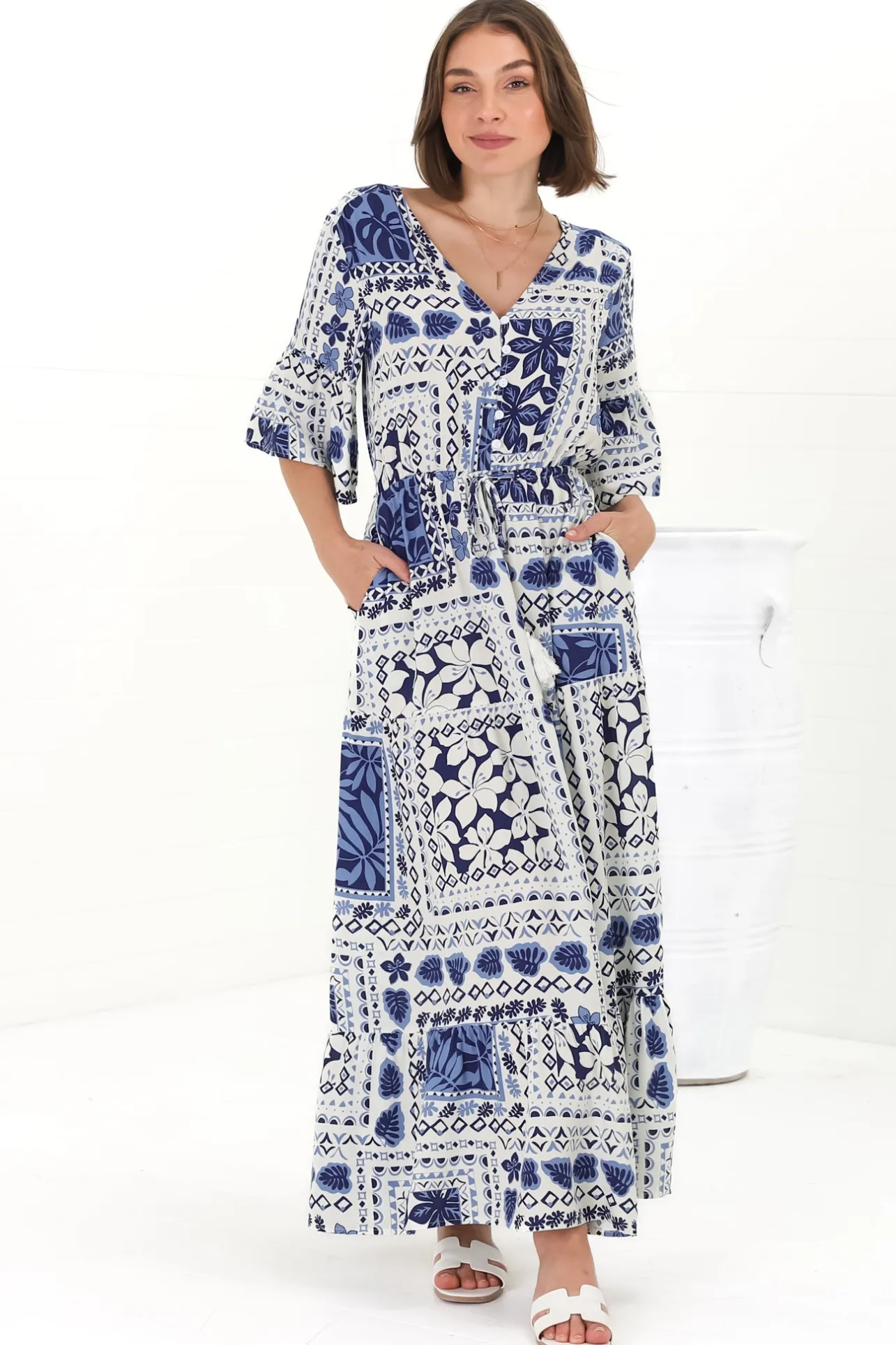 Rae Maxi Dress - Buttoned Bodice Pull Waist A Line Dress in Loa Print Blue>Salty Crush