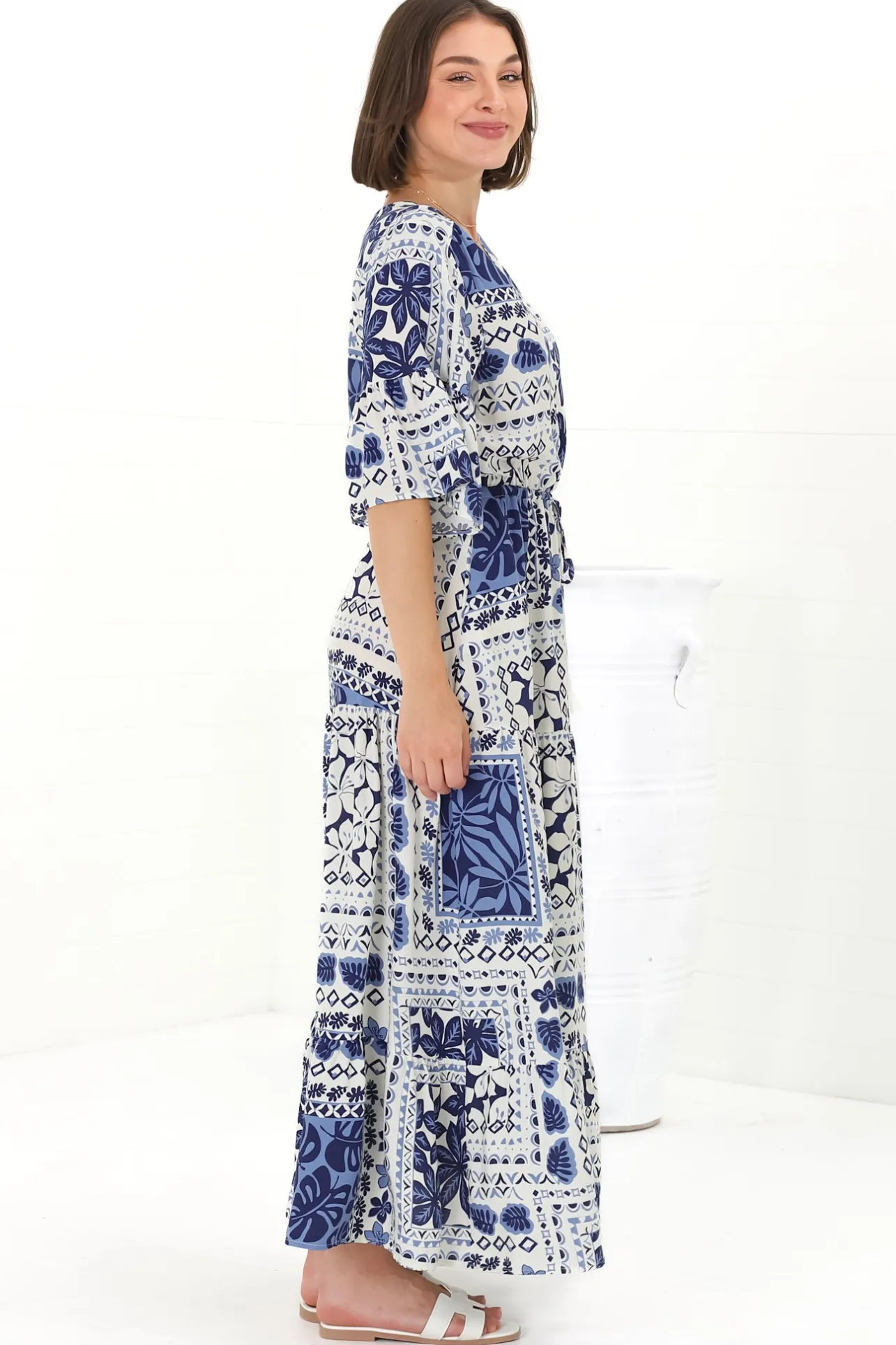 Rae Maxi Dress - Buttoned Bodice Pull Waist A Line Dress in Loa Print Blue>Salty Crush