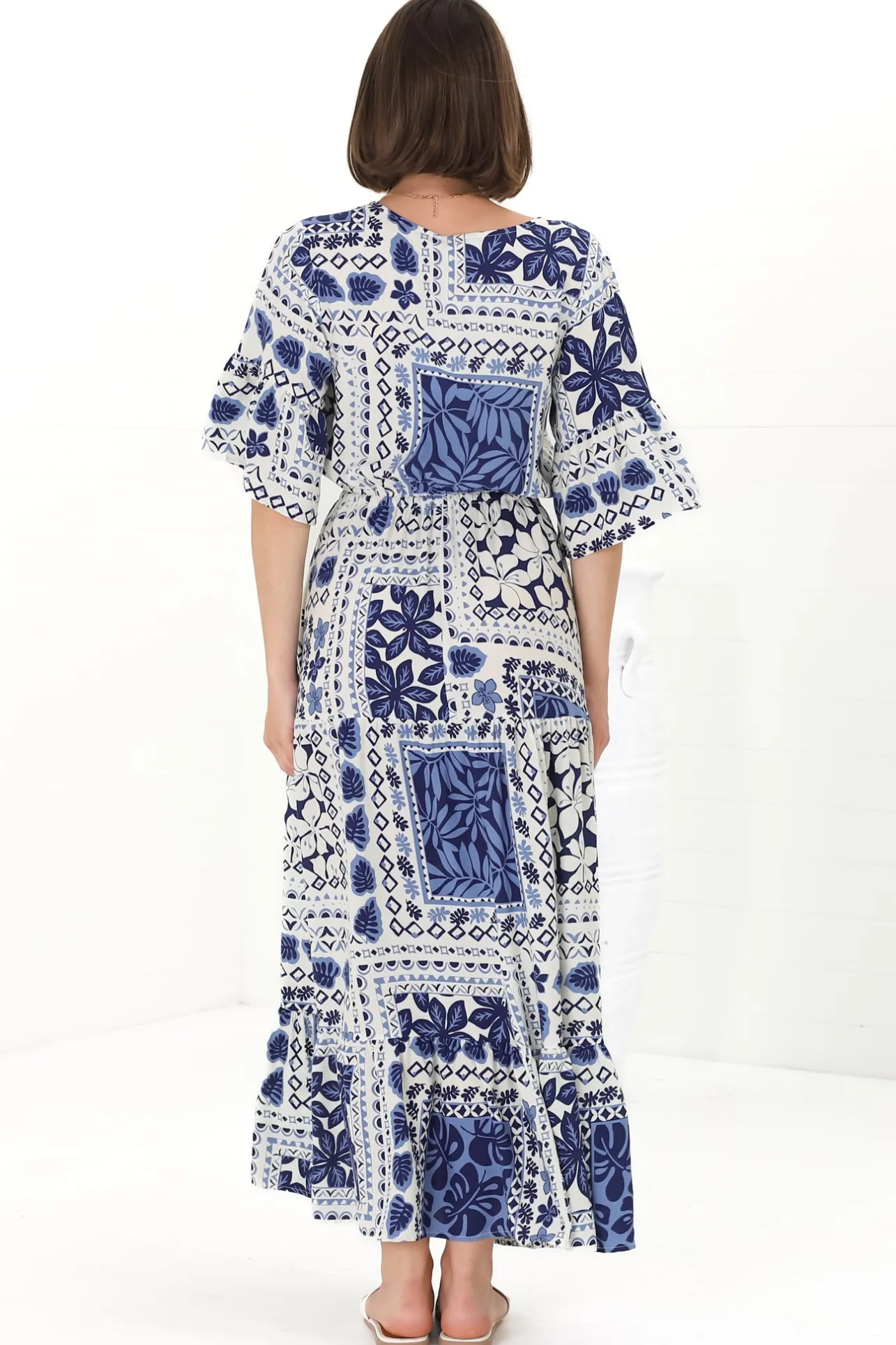 Rae Maxi Dress - Buttoned Bodice Pull Waist A Line Dress in Loa Print Blue>Salty Crush