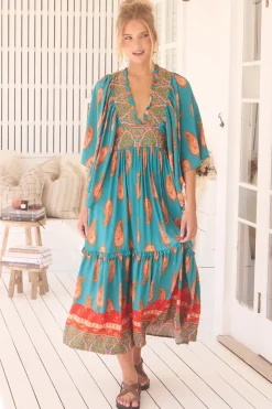 Raya Maxi Dress - Deep V Neck Frill Collar Batwing Sleeve Dress in Melody Print><noscript><img width=