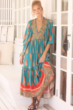 Raya Maxi Dress - Deep V Neck Frill Collar Batwing Sleeve Dress in Melody Print><noscript><img width=