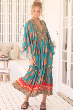 Raya Maxi Dress - Deep V Neck Frill Collar Batwing Sleeve Dress in Melody Print><noscript><img width=