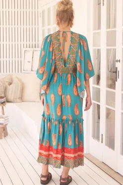 Raya Maxi Dress - Deep V Neck Frill Collar Batwing Sleeve Dress in Melody Print><noscript><img width=