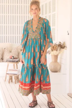 Raya Maxi Dress - Deep V Neck Frill Collar Batwing Sleeve Dress in Melody Print><noscript><img width=