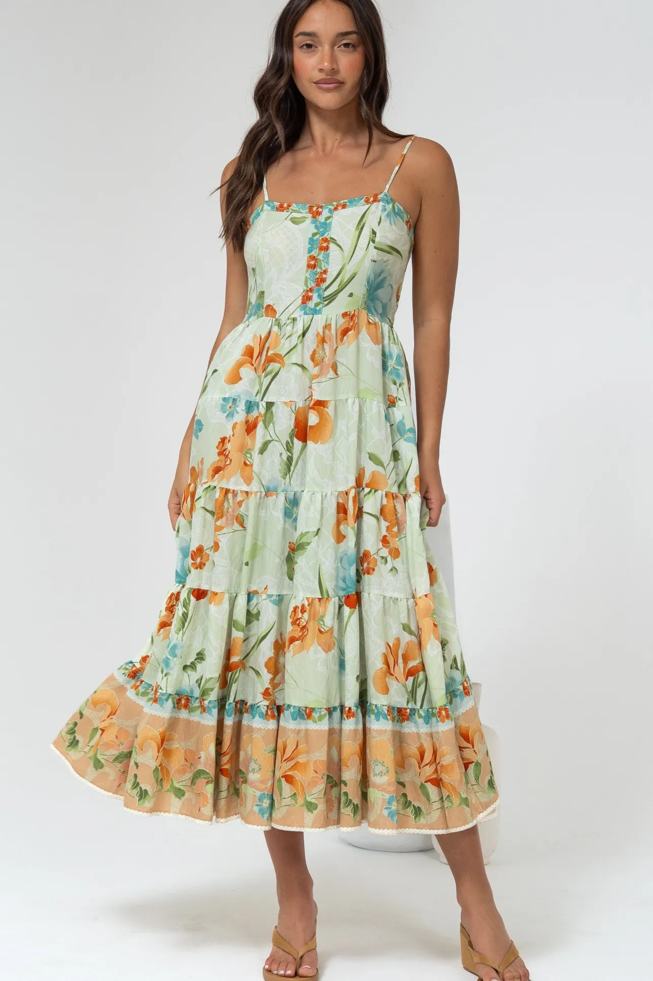 Raya Midi Dress - Adjustable Strap Tiered Sun Dress in Noriko Print>Salty Crush
