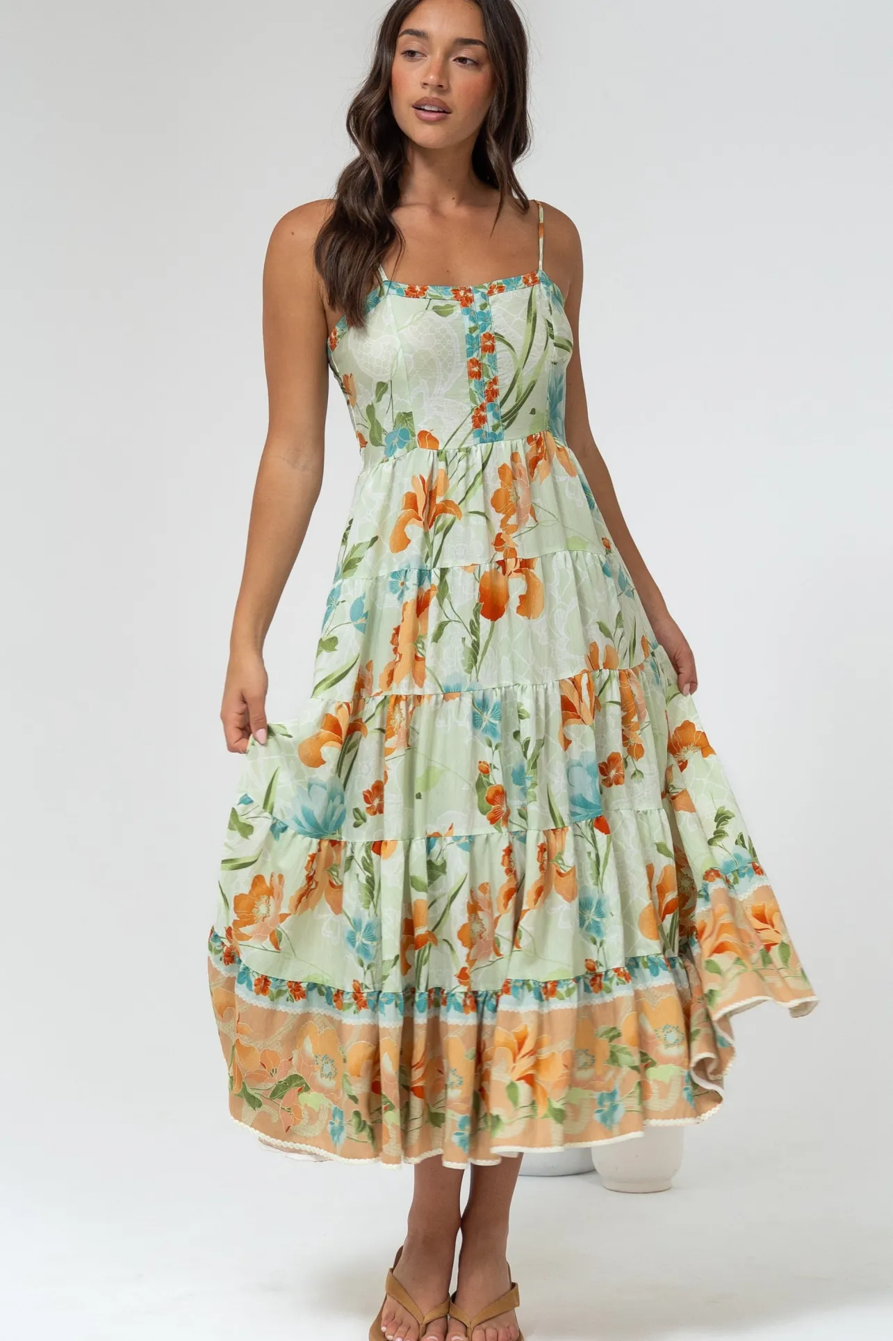 Raya Midi Dress - Adjustable Strap Tiered Sun Dress in Noriko Print>Salty Crush