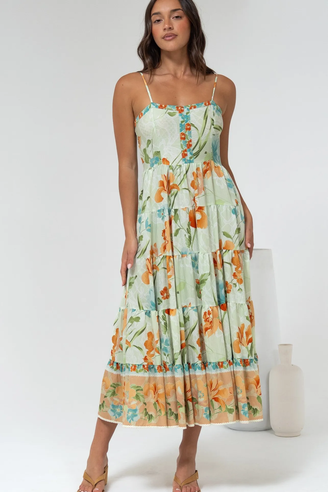 Raya Midi Dress - Adjustable Strap Tiered Sun Dress in Noriko Print>Salty Crush