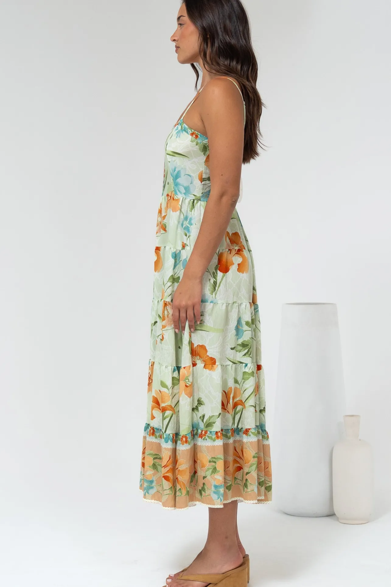 Raya Midi Dress - Adjustable Strap Tiered Sun Dress in Noriko Print>Salty Crush