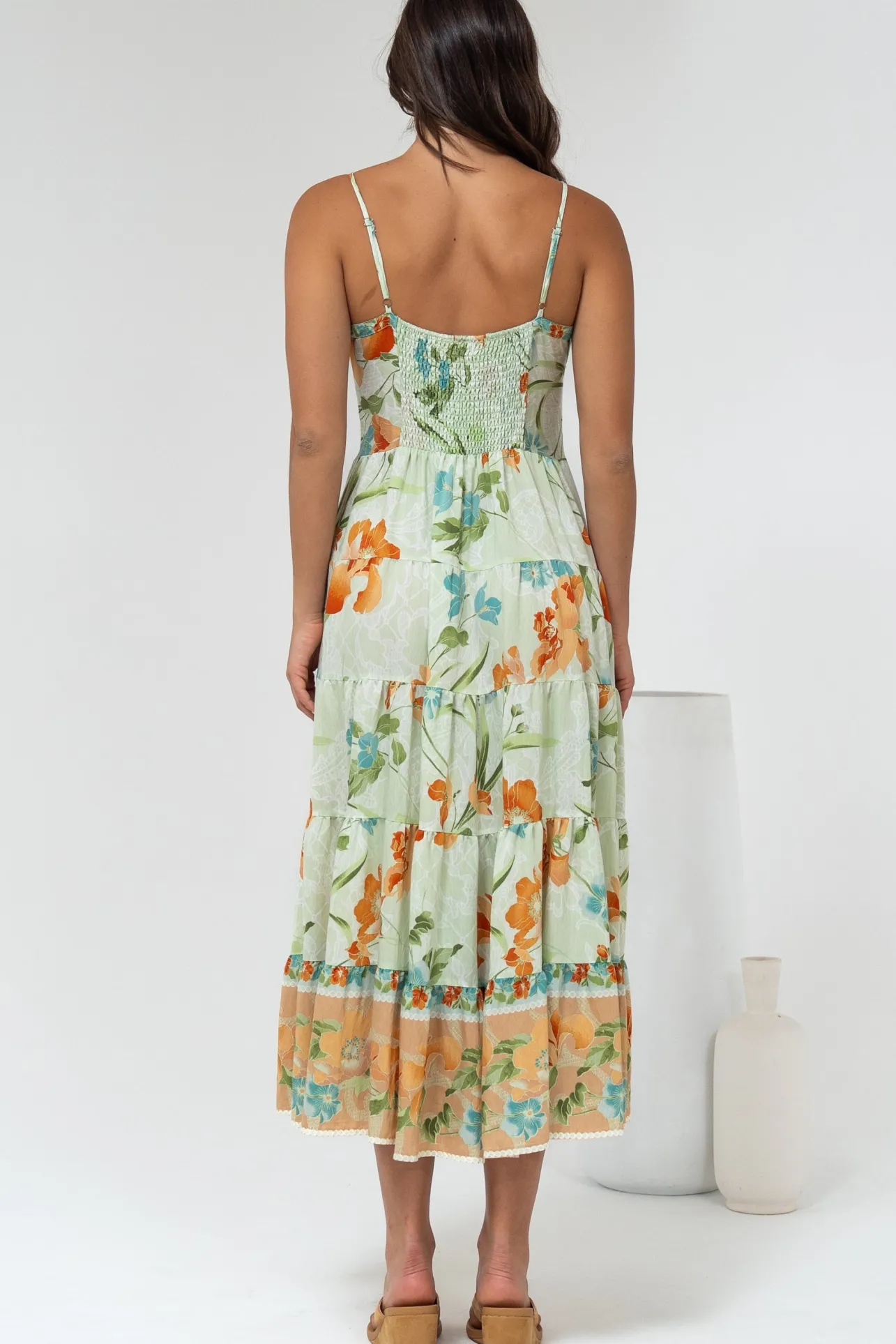 Raya Midi Dress - Adjustable Strap Tiered Sun Dress in Noriko Print>Salty Crush