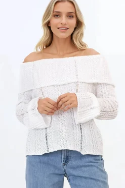Rayra Knit Top - Multiway Neckline Knit Top with Flute Sleeves in White>Salty Crush
