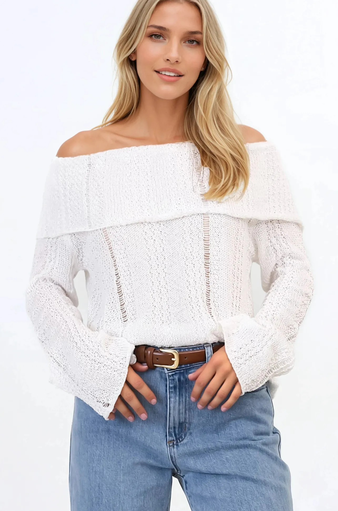 Rayra Knit Top - Multiway Neckline Knit Top with Flute Sleeves in White>Salty Crush