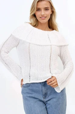 Rayra Knit Top - Multiway Neckline Knit Top with Flute Sleeves in White><noscript><img width=