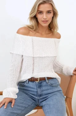 Rayra Knit Top - Multiway Neckline Knit Top with Flute Sleeves in White><noscript><img width=