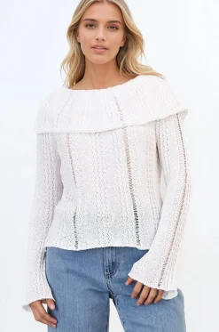 Rayra Knit Top - Multiway Neckline Knit Top with Flute Sleeves in White><noscript><img width=