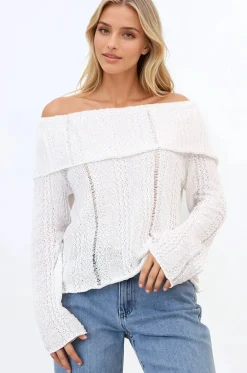 Rayra Knit Top - Multiway Neckline Knit Top with Flute Sleeves in White><noscript><img width=