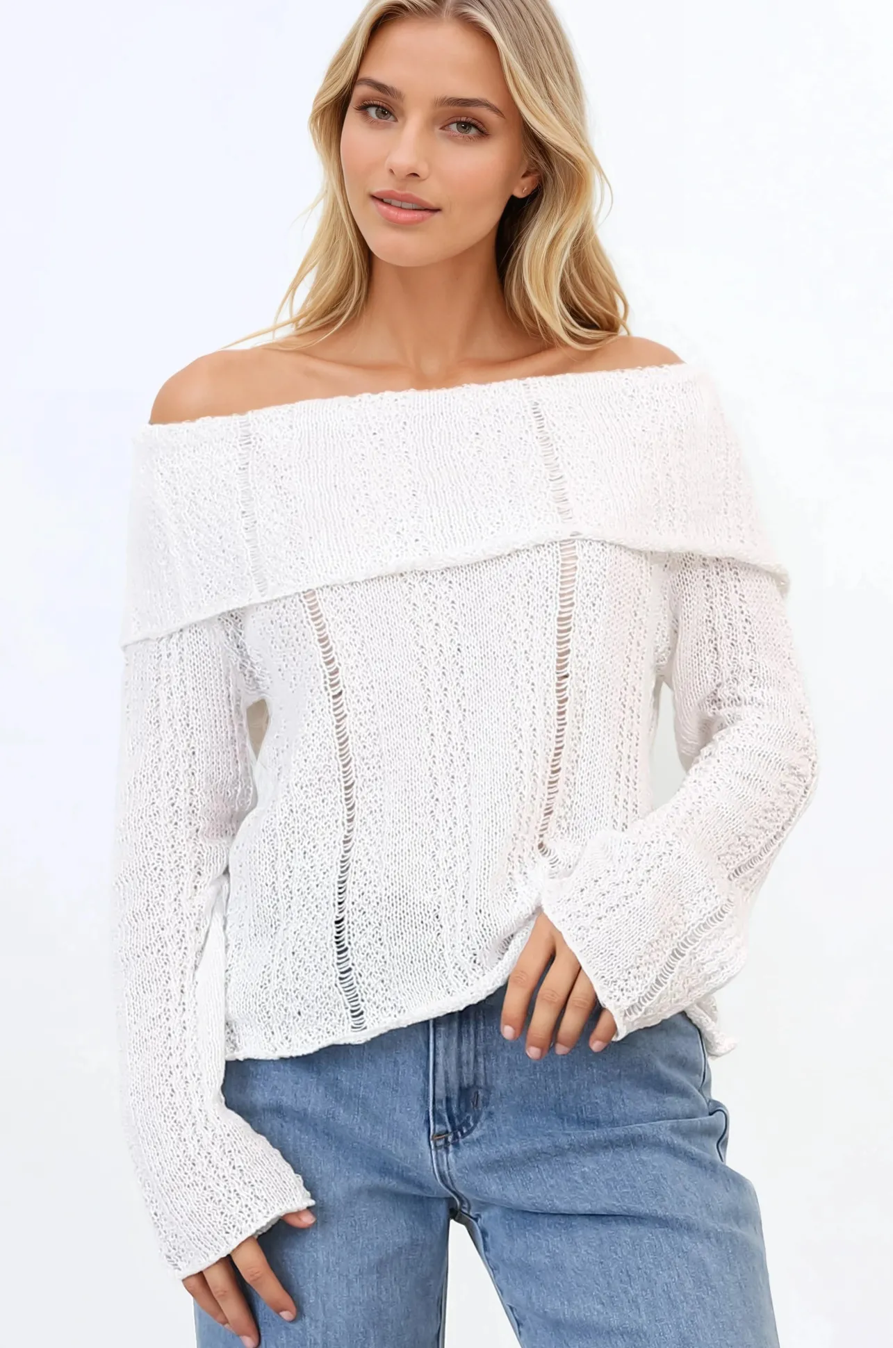 Rayra Knit Top - Multiway Neckline Knit Top with Flute Sleeves in White>Salty Crush