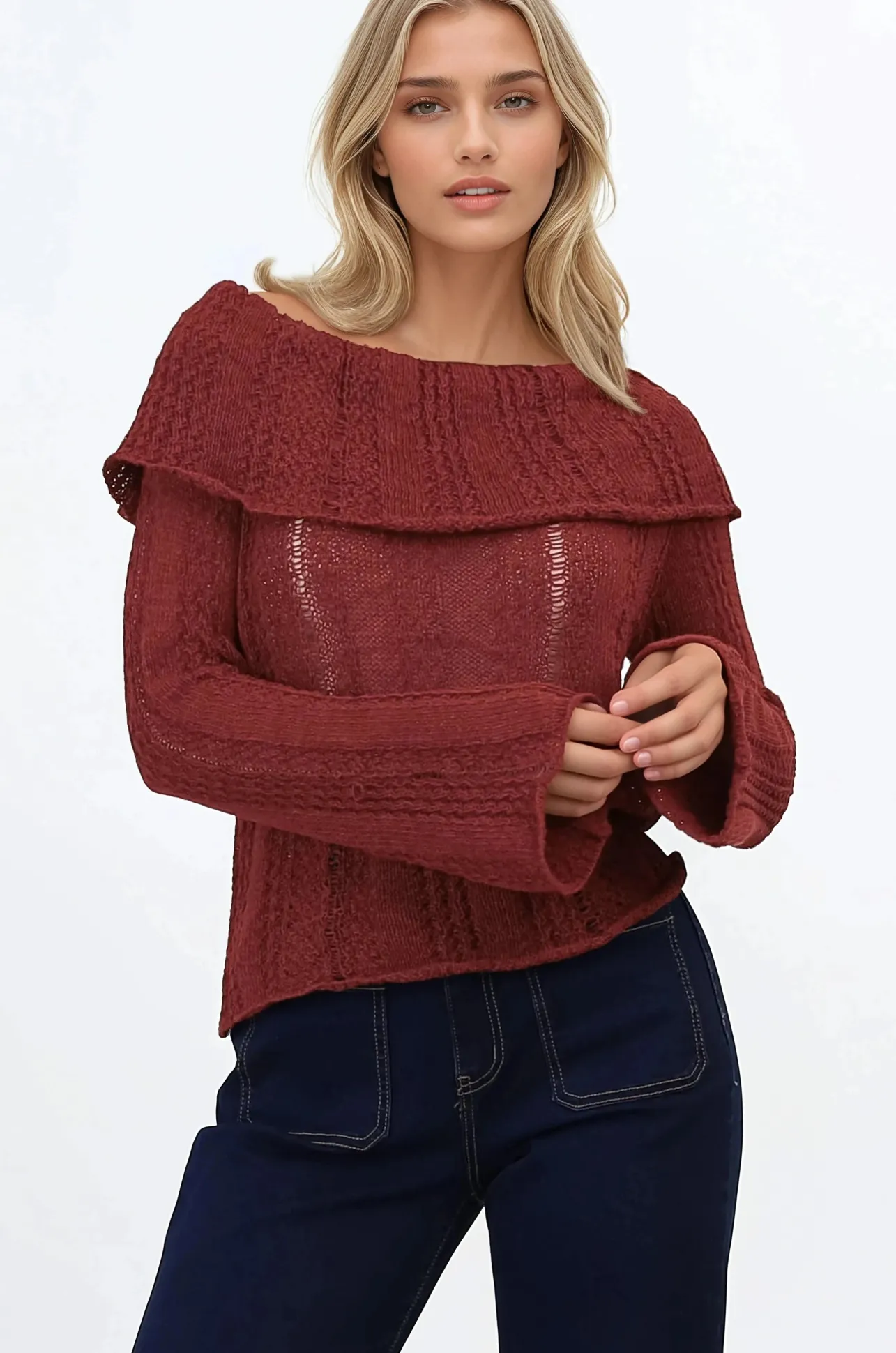 Rayra Knit Top - Multiway Neckline Knit Top with Flute Sleeves in Wine>Salty Crush
