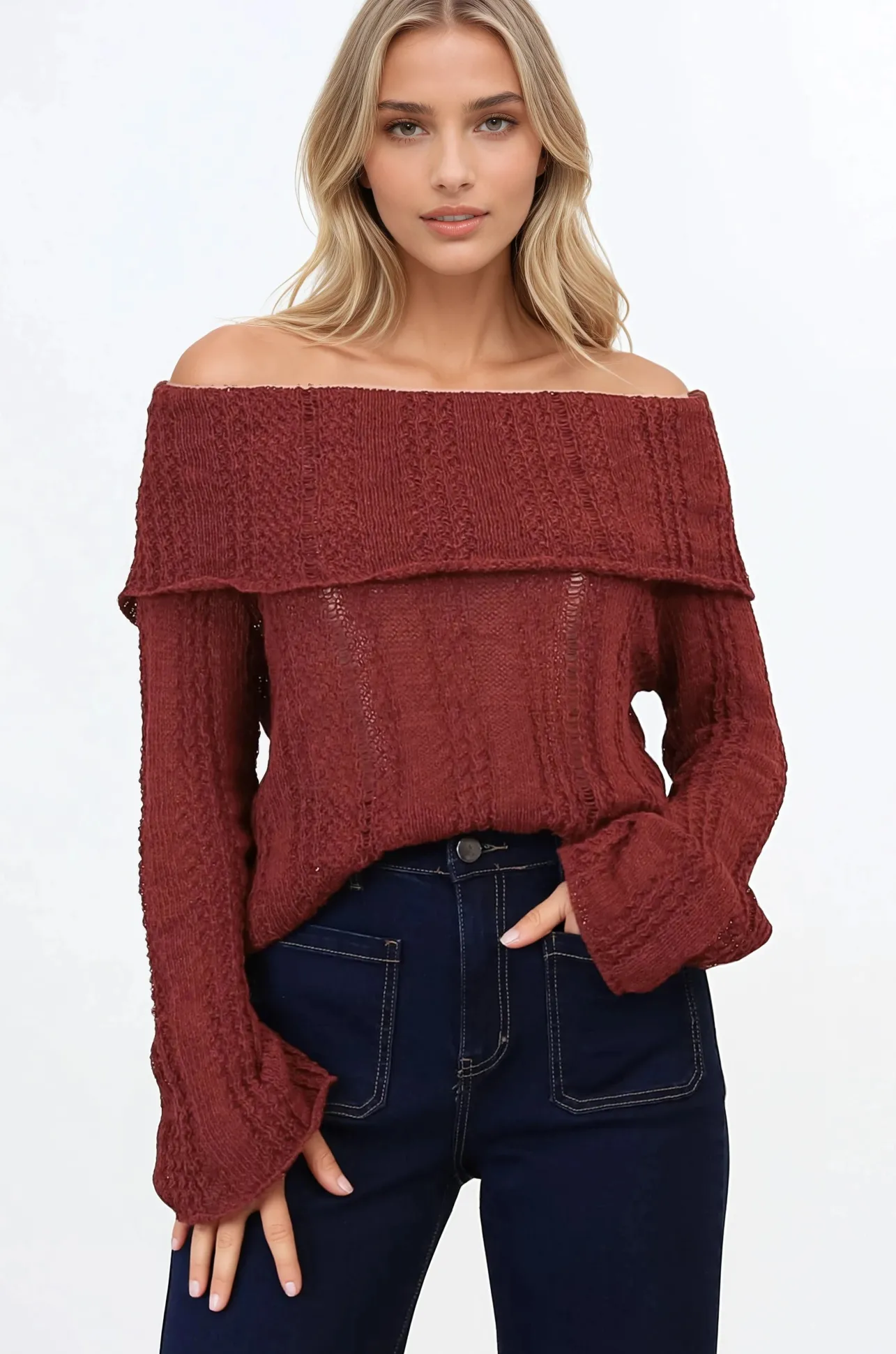 Rayra Knit Top - Multiway Neckline Knit Top with Flute Sleeves in Wine>Salty Crush
