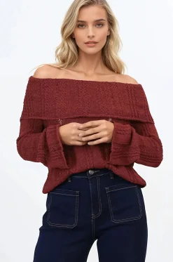 Rayra Knit Top - Multiway Neckline Knit Top with Flute Sleeves in Wine><noscript><img width=