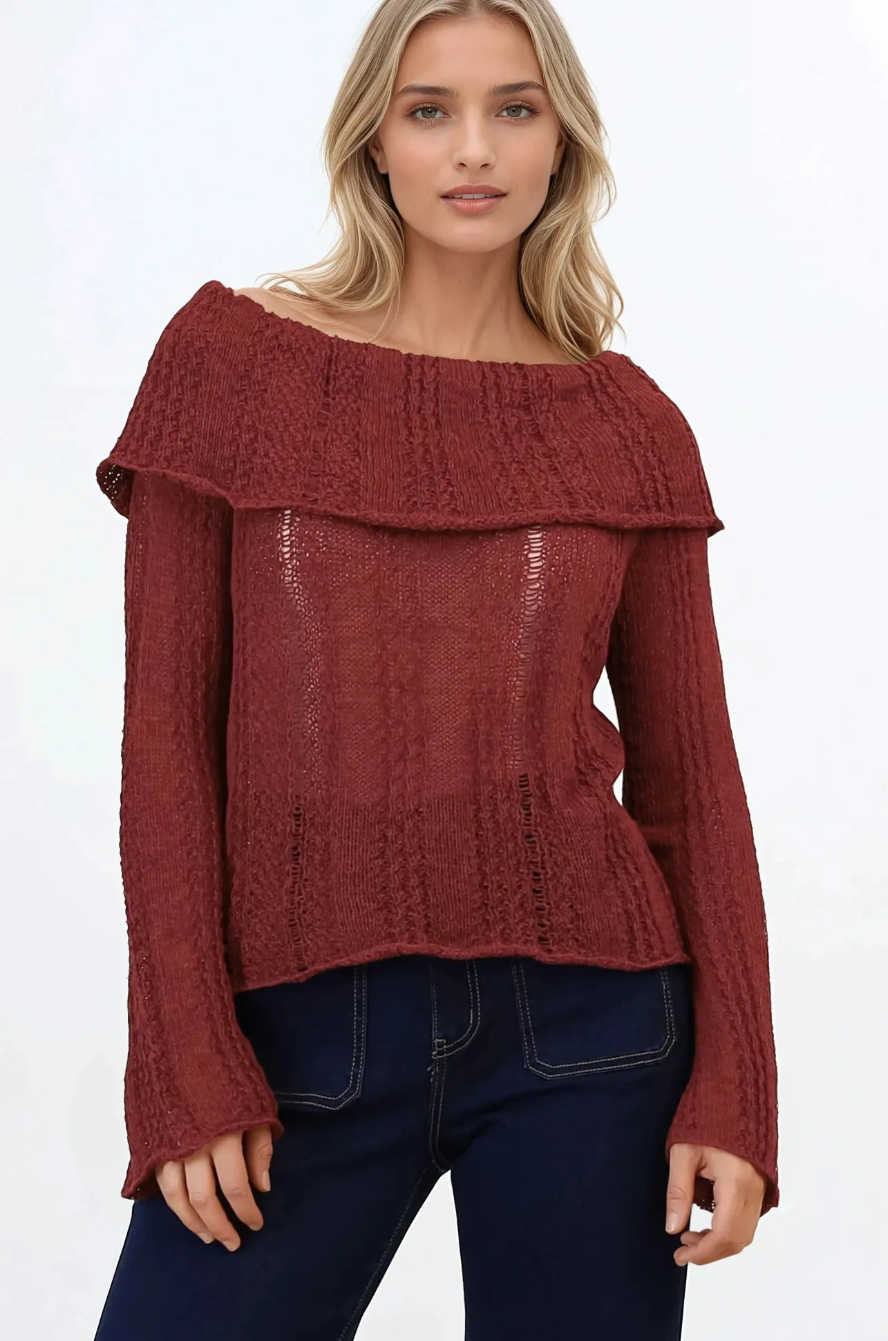 Rayra Knit Top - Multiway Neckline Knit Top with Flute Sleeves in Wine>Salty Crush