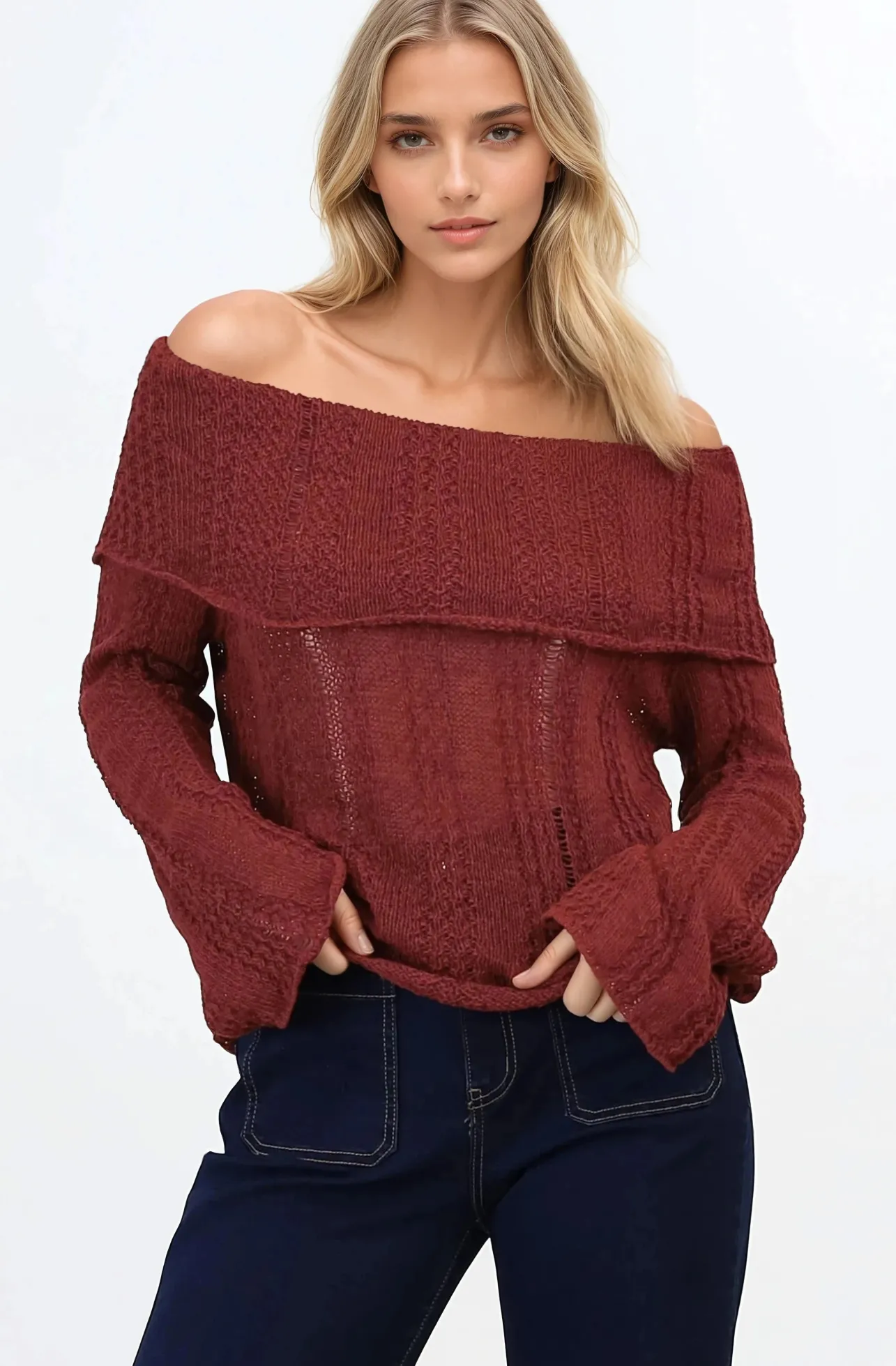 Rayra Knit Top - Multiway Neckline Knit Top with Flute Sleeves in Wine>Salty Crush