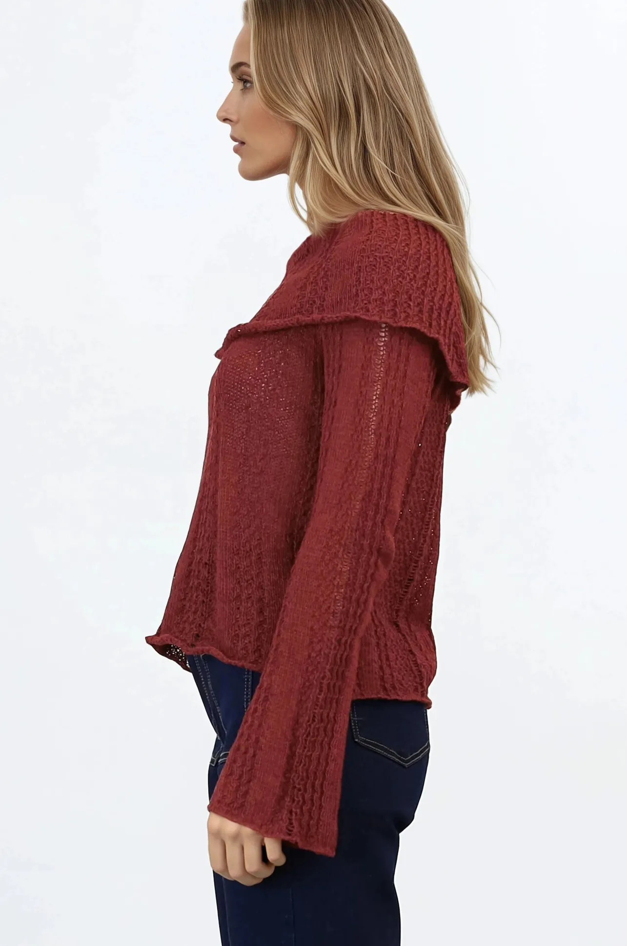 Rayra Knit Top - Multiway Neckline Knit Top with Flute Sleeves in Wine>Salty Crush