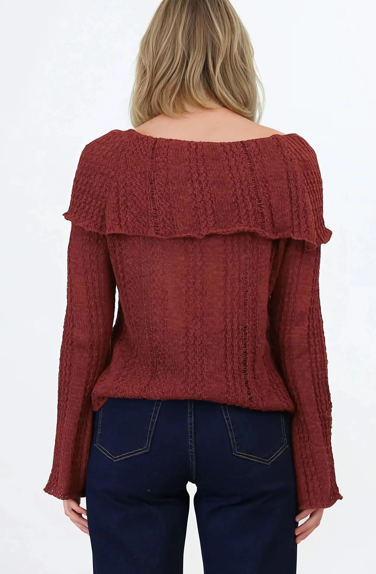 Rayra Knit Top - Multiway Neckline Knit Top with Flute Sleeves in Wine>Salty Crush