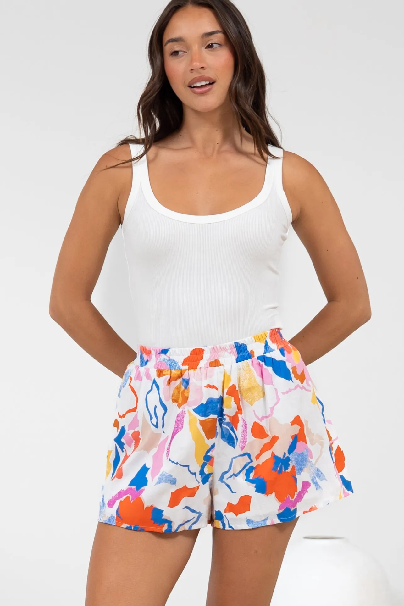 Remira Shorts - High Waisted Short with Elasticated Waistband in Isadora Print>Salty Crush Outlet