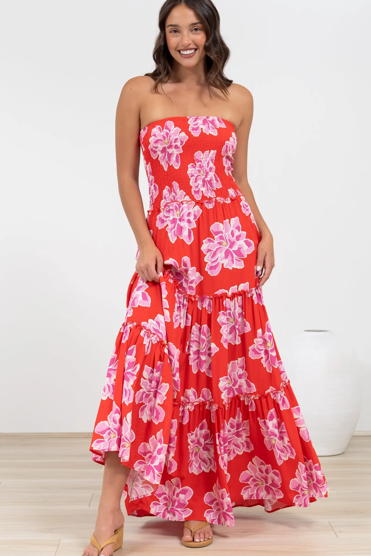 Rhea Maxi Dress - Strapless Ruffle Spliced Tiered Dress in Alba Print Red>Salty Crush