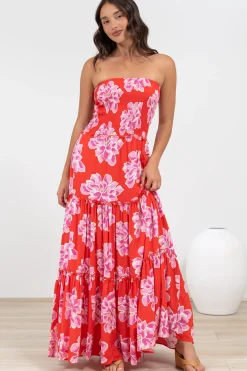 Rhea Maxi Dress - Strapless Ruffle Spliced Tiered Dress in Alba Print Red>Salty Crush