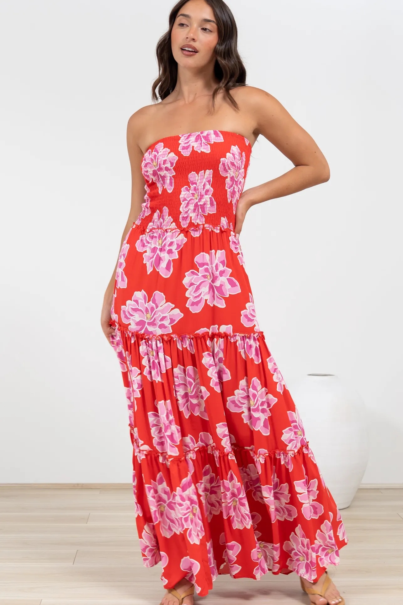 Rhea Maxi Dress - Strapless Ruffle Spliced Tiered Dress in Alba Print Red>Salty Crush