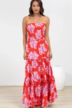 Rhea Maxi Dress - Strapless Ruffle Spliced Tiered Dress in Alba Print Red><noscript><img width=