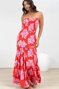 Rhea Maxi Dress - Strapless Ruffle Spliced Tiered Dress in Alba Print Red><noscript><img width=