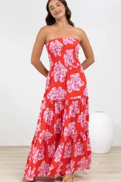Rhea Maxi Dress - Strapless Ruffle Spliced Tiered Dress in Alba Print Red><noscript><img width=