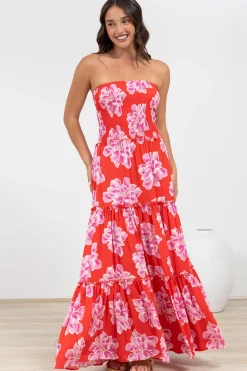 Rhea Maxi Dress - Strapless Ruffle Spliced Tiered Dress in Alba Print Red><noscript><img width=