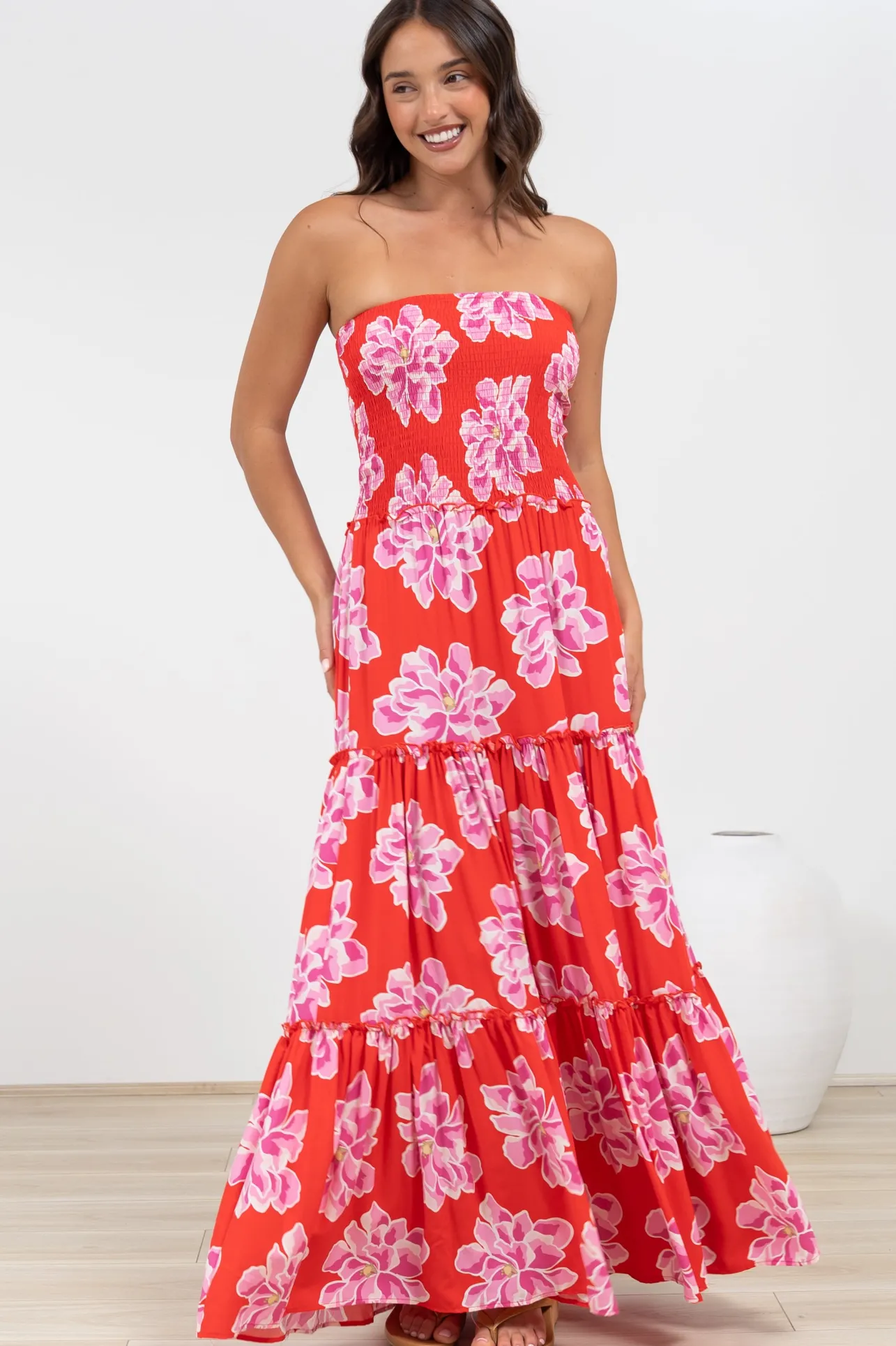 Rhea Maxi Dress - Strapless Ruffle Spliced Tiered Dress in Alba Print Red>Salty Crush