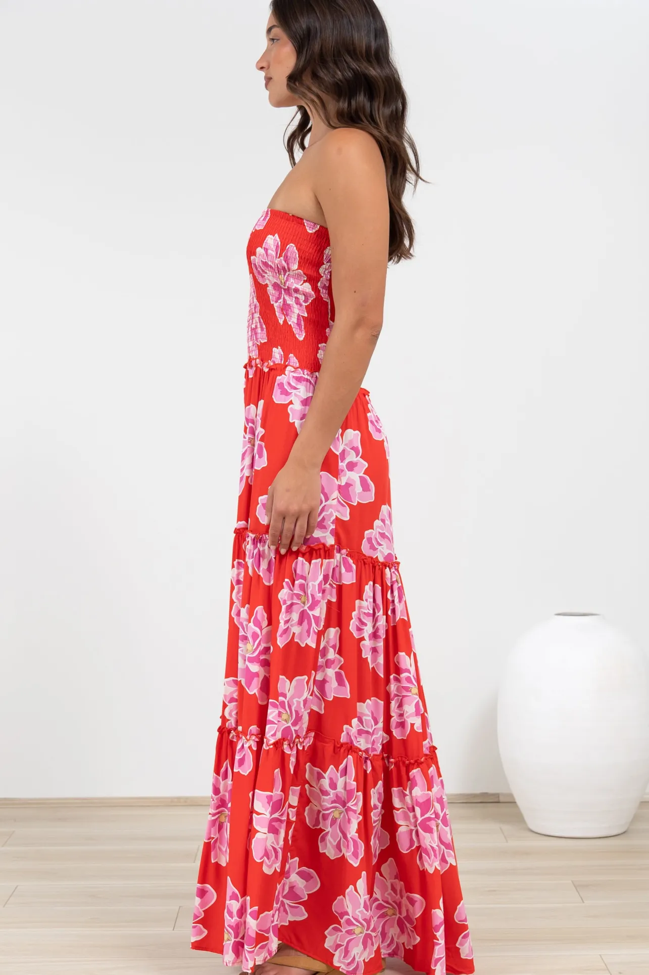 Rhea Maxi Dress - Strapless Ruffle Spliced Tiered Dress in Alba Print Red>Salty Crush