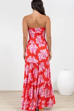 Rhea Maxi Dress - Strapless Ruffle Spliced Tiered Dress in Alba Print Red><noscript><img width=