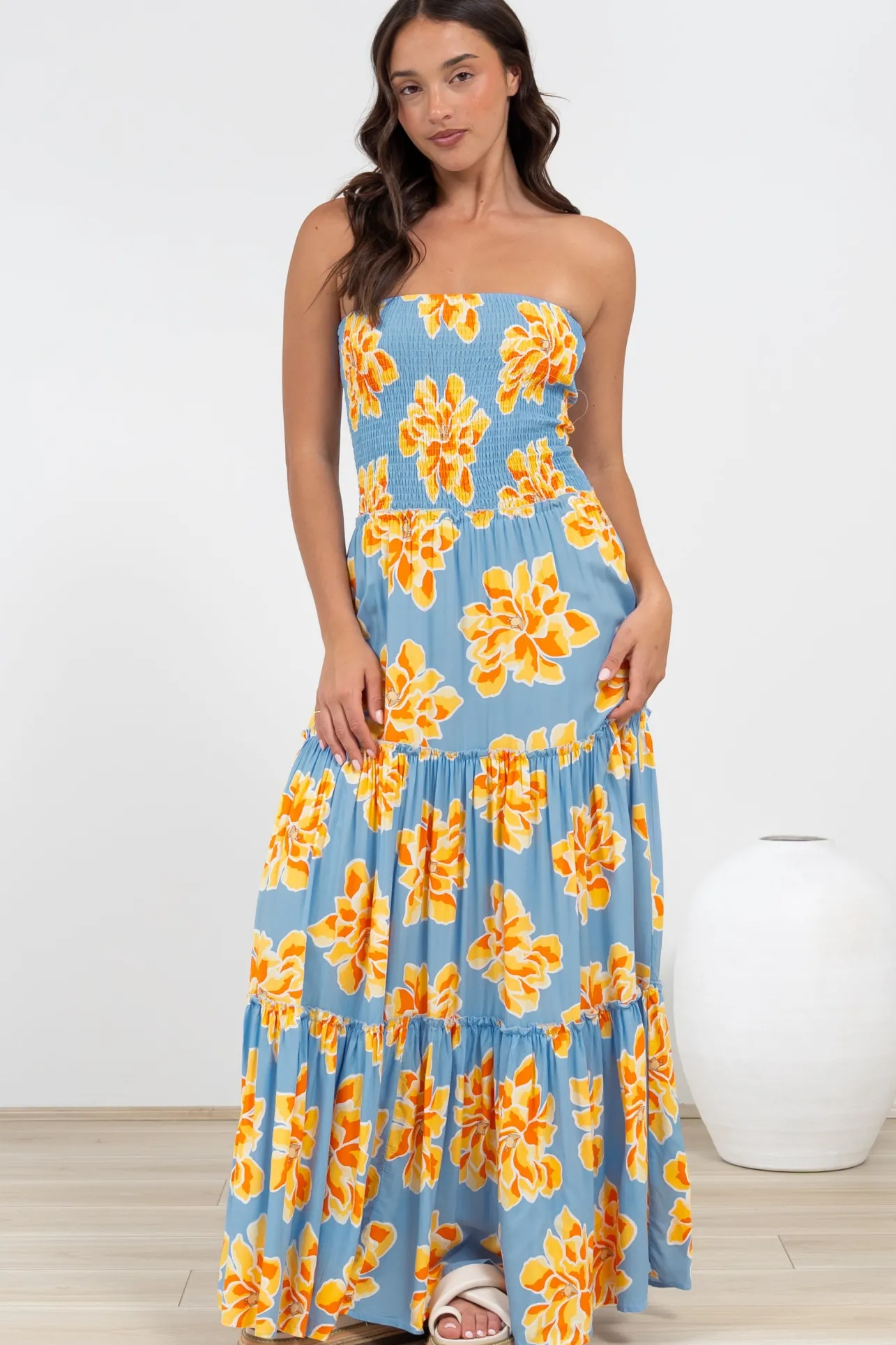 Rhea Maxi Dress - Strapless Ruffle Spliced Tiered Dress in Alba Print Blue>Salty Crush Clearance