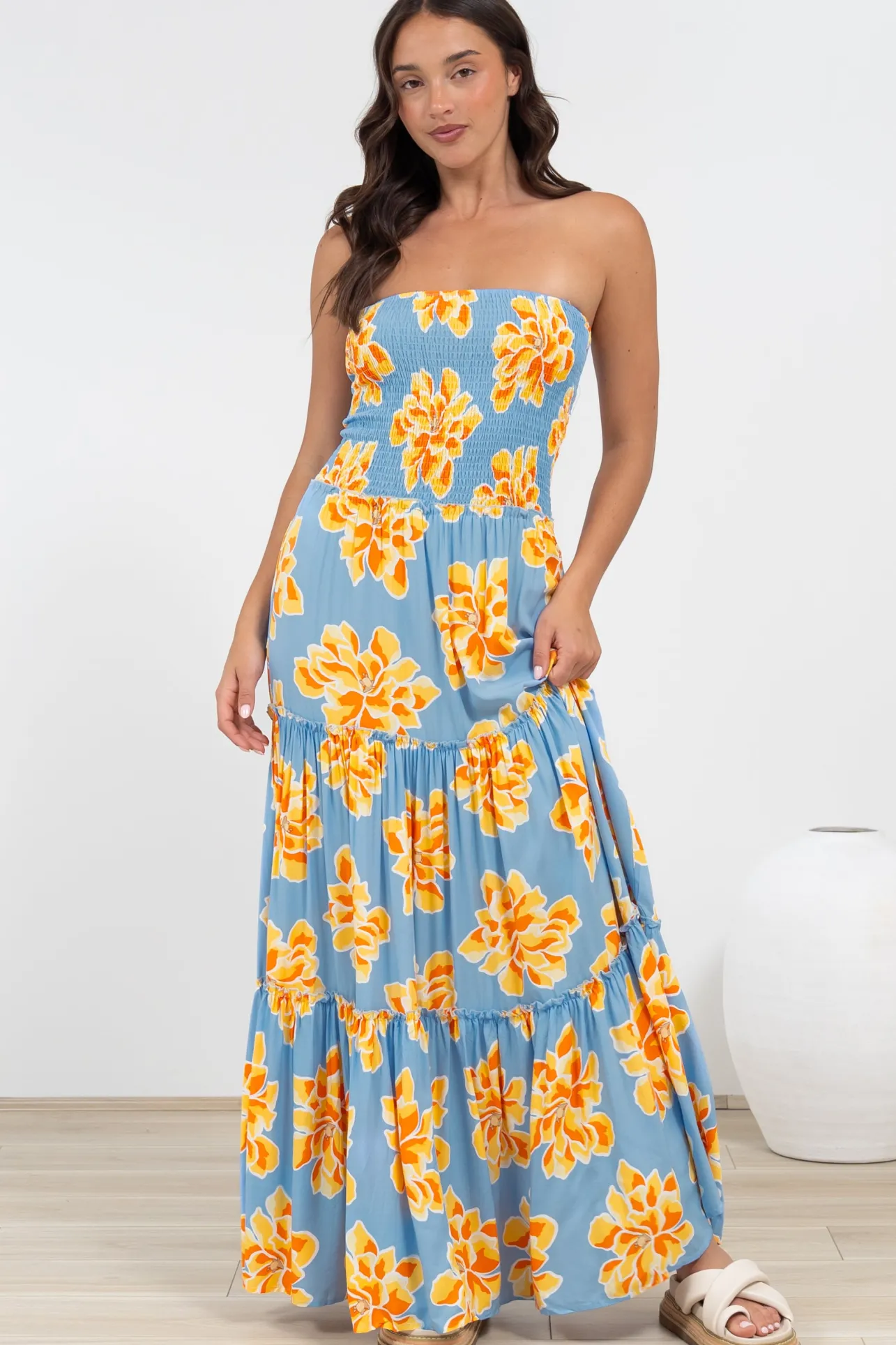 Rhea Maxi Dress - Strapless Ruffle Spliced Tiered Dress in Alba Print Blue>Salty Crush Clearance