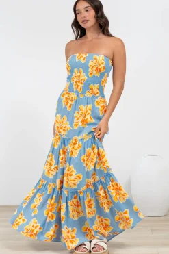 Rhea Maxi Dress - Strapless Ruffle Spliced Tiered Dress in Alba Print Blue><noscript><img width=