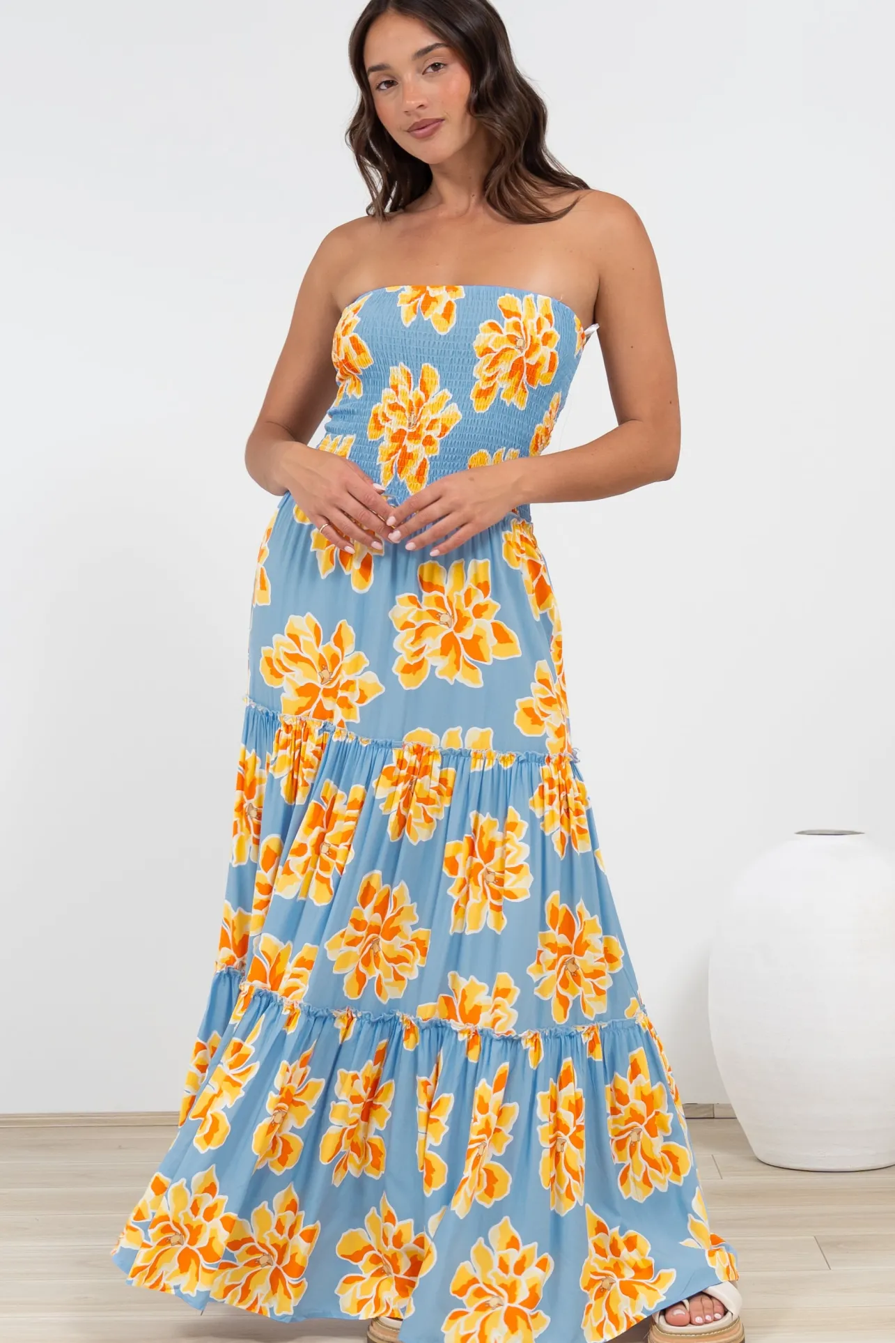 Rhea Maxi Dress - Strapless Ruffle Spliced Tiered Dress in Alba Print Blue>Salty Crush Clearance