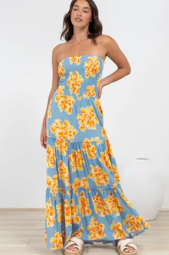 Rhea Maxi Dress - Strapless Ruffle Spliced Tiered Dress in Alba Print Blue><noscript><img width=