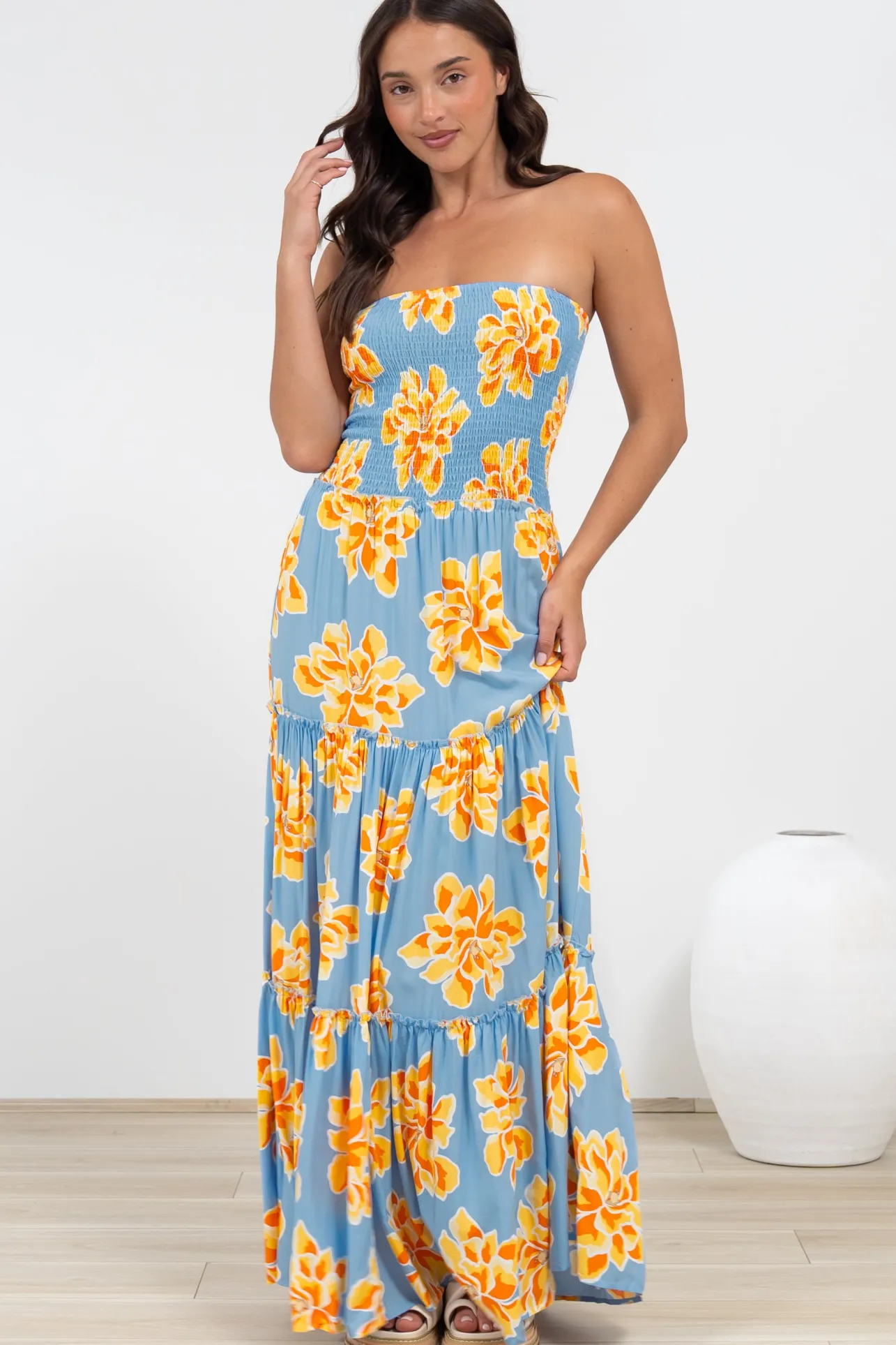 Rhea Maxi Dress - Strapless Ruffle Spliced Tiered Dress in Alba Print Blue>Salty Crush Clearance