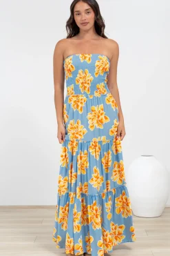 Rhea Maxi Dress - Strapless Ruffle Spliced Tiered Dress in Alba Print Blue><noscript><img width=