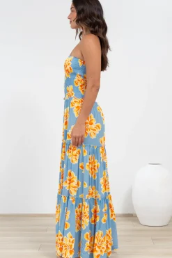 Rhea Maxi Dress - Strapless Ruffle Spliced Tiered Dress in Alba Print Blue><noscript><img width=