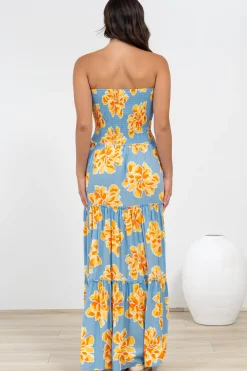 Rhea Maxi Dress - Strapless Ruffle Spliced Tiered Dress in Alba Print Blue><noscript><img width=