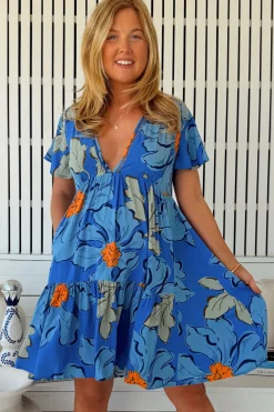 Rhys Mini Dress - Flutter Sleeve Tiered Babydoll Dress in Blue Bell Print>Jaase Best