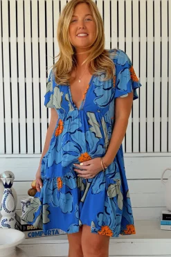 Rhys Mini Dress - Flutter Sleeve Tiered Babydoll Dress in Blue Bell Print>Jaase Best